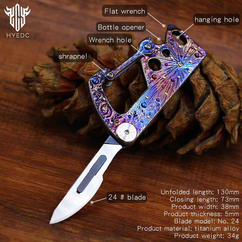 Limited Edition Hand Carved Starry Sky Titanium Alloy Multifunctional Key Chain - Waist Hanging Car Keychain Pocket Knife EDC